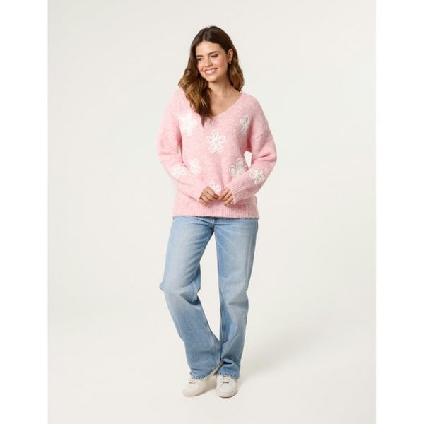 Blue Vanilla V Neck Flower And Pearl Jumper - Pink