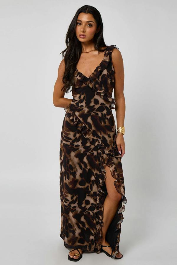Urban Bliss Tortoise Print Ruffle Maxi Dress