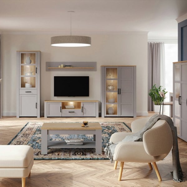 Furniture To Go Bohol Display Cabinet inc. 2x LED Lights in Riviera Oak/Grey Oak