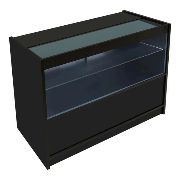 Theia LED Shop Counter Set in black features a sleek design with a glass top, illuminated display area, and spacious storage below