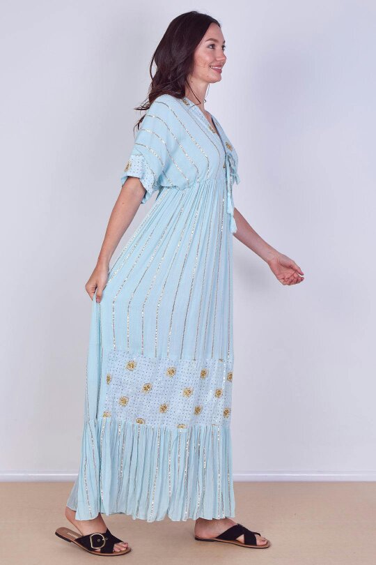 Boho Sequin Square Embroidered Maxi Dress
