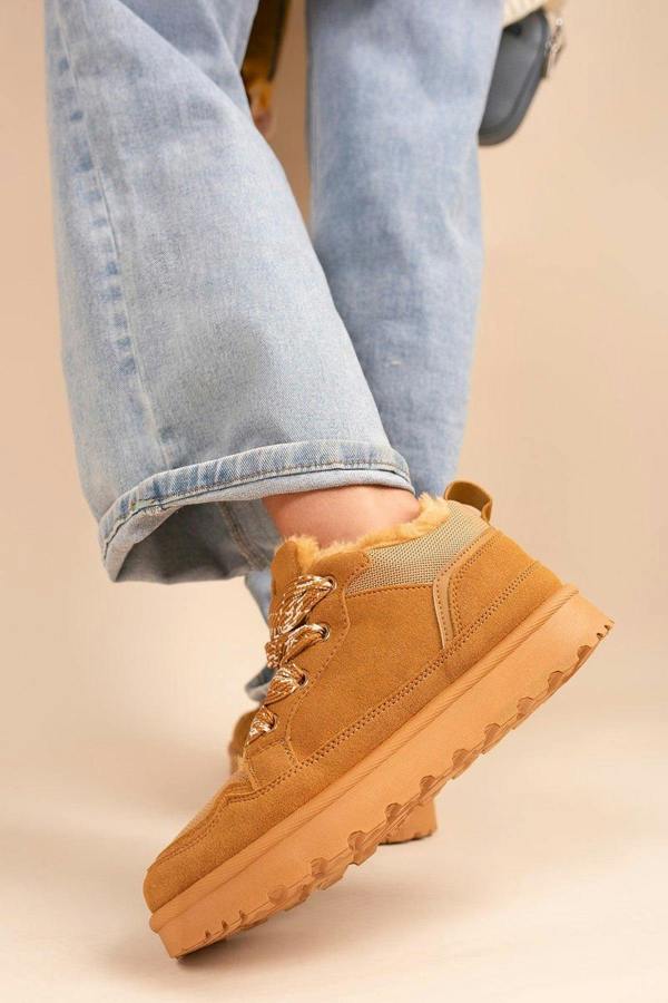 Leiza Chunky Lace Up Faux Fur Trainers - Camel