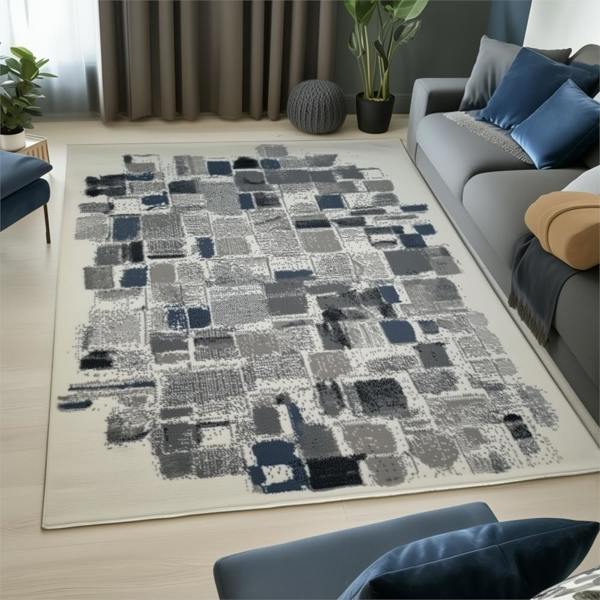 Abstract Modern Rug Cream Grey Blue Black Soft Low Pile Living Room Area Carpet