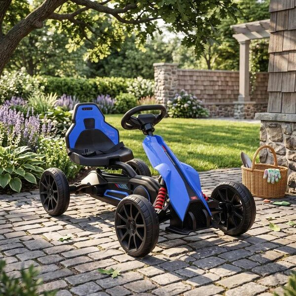 Kids Pedal Go Kart, with Adjustable Seat, EVA Wheels, Seat, Handbrake - Blue