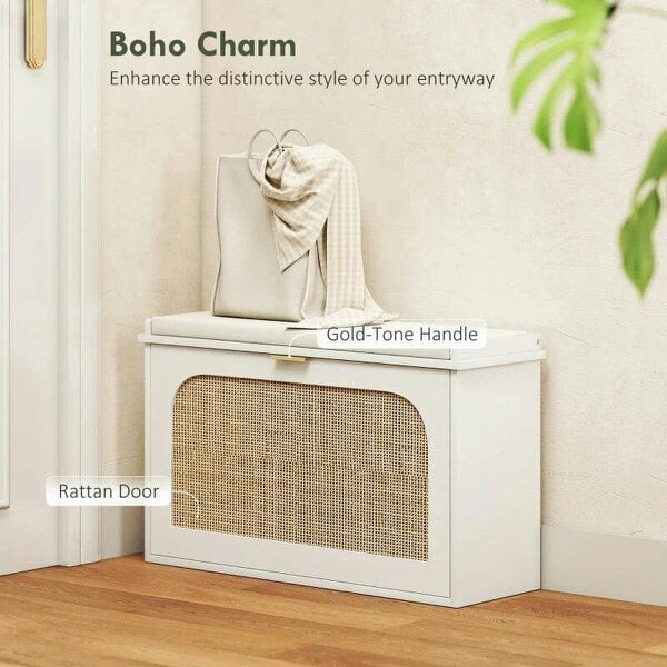 Boho Shoe Bench with Padded Seat and Flip-Drawer - White