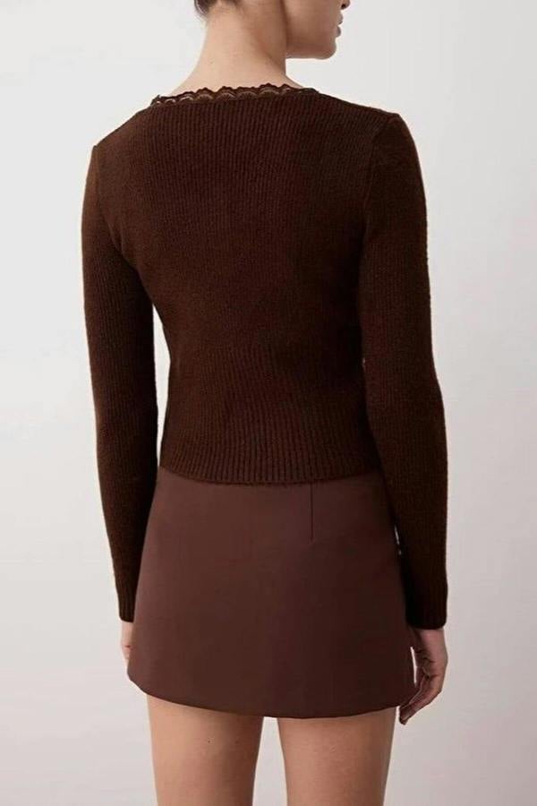 WOVCOR Crop Lace Garnish Square Neck Knit Cardigan