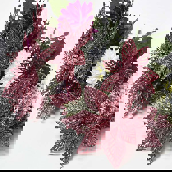 HOMESCAPES Set of 2 Artificial Red & White Glitter Poinsettia Bouquets