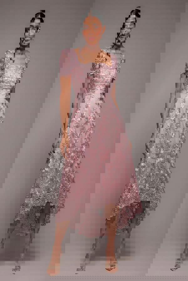 Scalloped Neck Embroidered Lace High Low Midi Dress - Pink DR4265