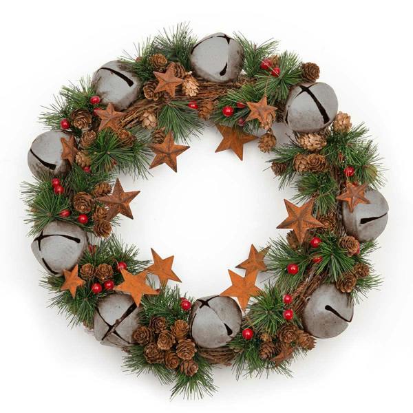 40cm Green Christmas Wreath with Silver Bells and Stars for Indoor or Sheltered Outdoor Display image 1