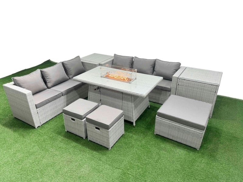 Fimous 9 Seat PE Rattan Lounge Sofa Set Outdoor Garden Furniture Set with Fire Pit Dining Table 3 Seater Sofa 3 Stools 2 Side Tables Light Grey