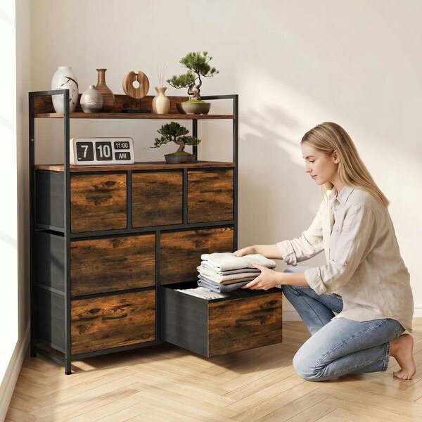 Chest of Drawers, Bedroom Fabric Dresser with 7 Drawers, Storage Organiser Unit with Open Shelves, Rustic Brown