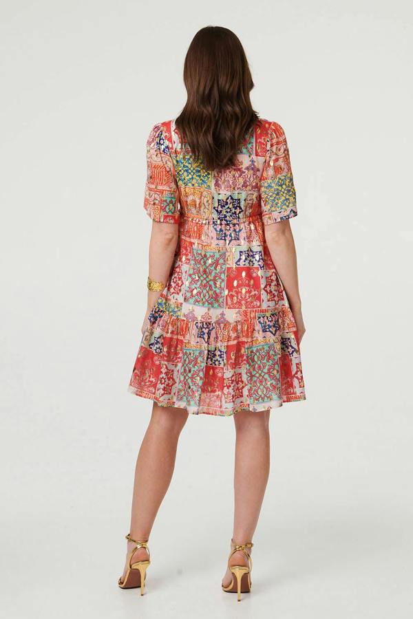 Red | Patchwork 1/2 Sleeve Knee Length Dress