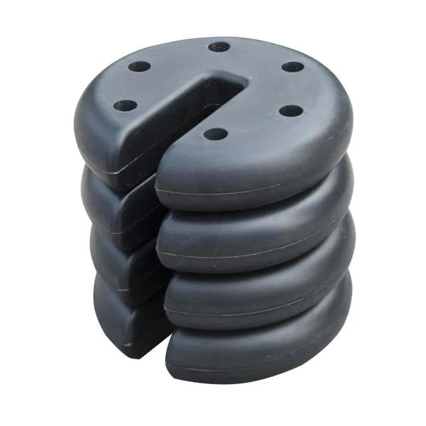 Stacked dark gray tent leg weights with slot top and mounting holes