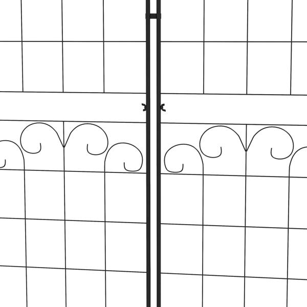 Close-up of black metal trellis frame with vertical bar and grid wire panel