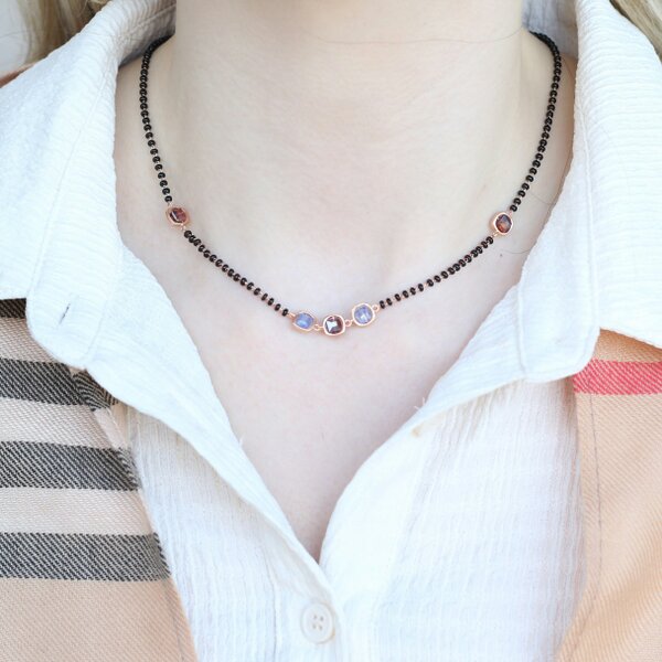 The Colourful Aura Black bead 18ct gold plated blue stone slim mangalsutra Pendant Necklace