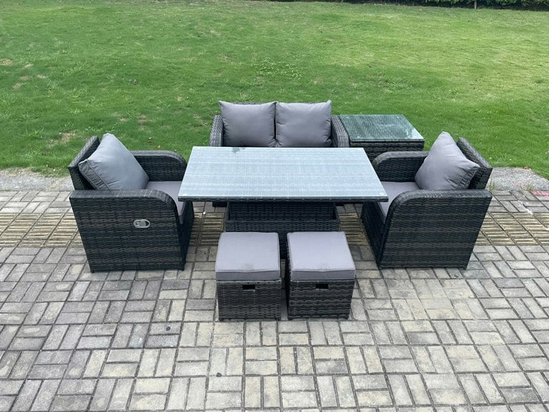 Fimous Outdoor Rattan Garden Furniture Set Height Adjustable Rising lifting Dining Table Love Sofa Chair With Side Table Stools