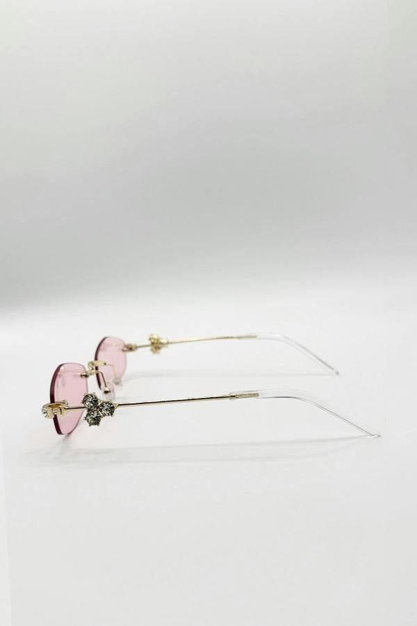Rimless Oval Diamante Sunglasses In Pink - svnx