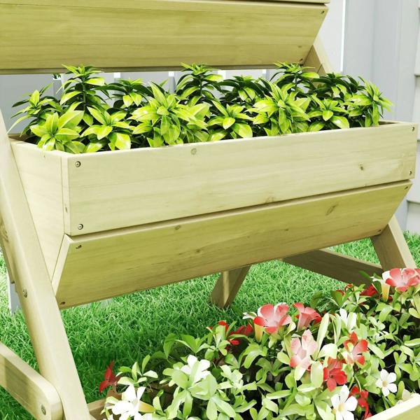 Close-up side view of three-tier wooden planter box with plants