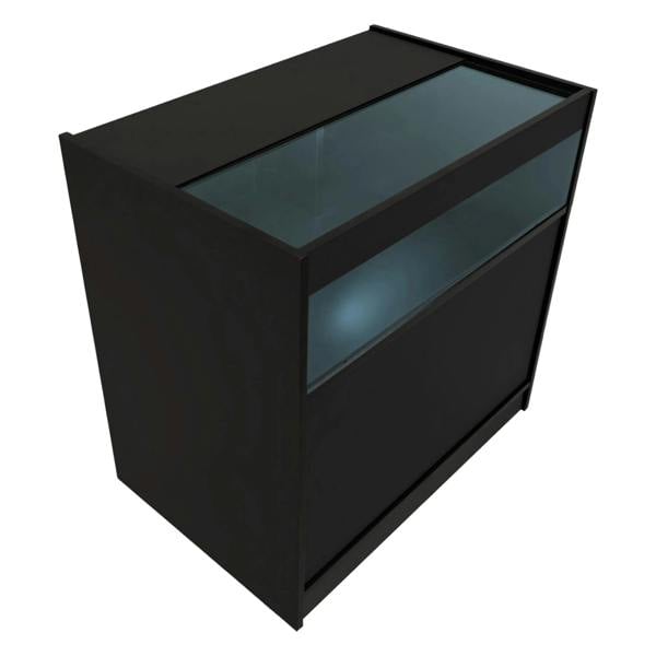 Black Demeter LED shop counter set featuring a sleek design, glass top, and illuminated display area for showcasing products