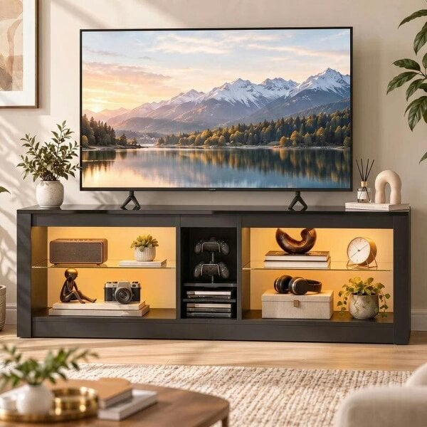 TV Stand Cabinet with LED Lights and Remote Control for TVs up to 65", Entertainment Centre with Storage Shelves, Black - Black