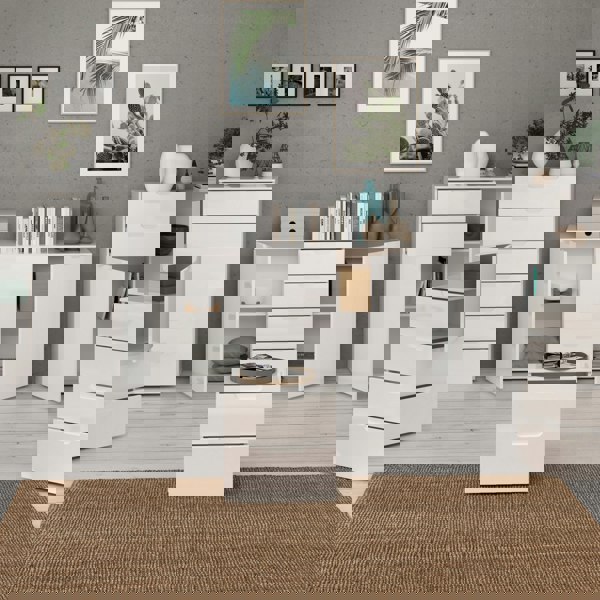 Furniture To Go Sienna Wide Chest of 4 Drawers and 2 Doors in White/White High Gloss