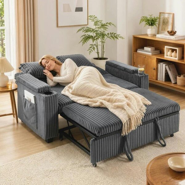 2 Seater Sofa Bed, Pull Out Sleeper Sofa w/ Adjustable Backrest, Storage Armrests, Cup Holders, Side Pockets, Dark Grey