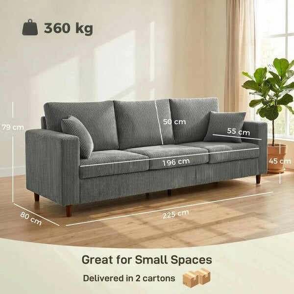 3 Seater Sofa with Wide Seat, Corduroy Fabric Couch with Deep Seat, Spring Cushion, Light Grey
