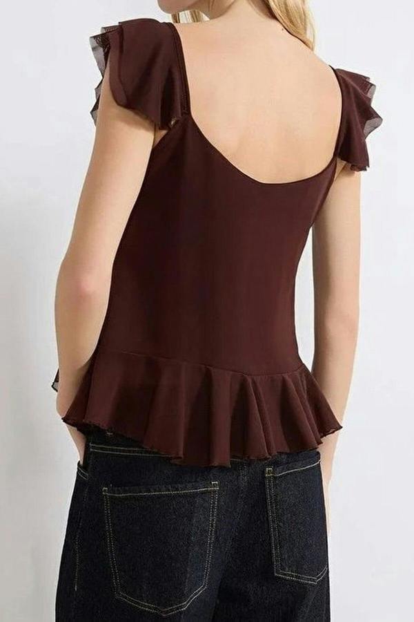 WOVCOR Fitted V-Neck Buttoned Ruffled Tulle Knit Blouse