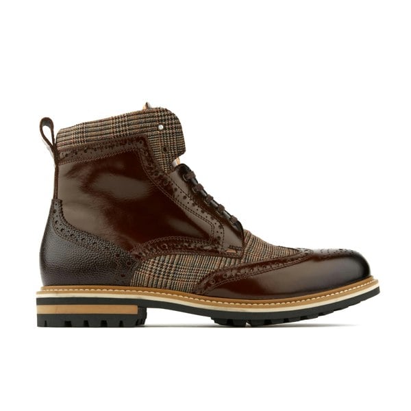 Embassy London Wanderer - Brown Check - Men's leather combat style side zipper boot in brown