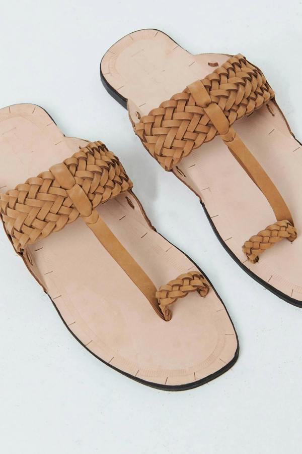 Brown | Faux Leather Woven Texture Flat Sandals
