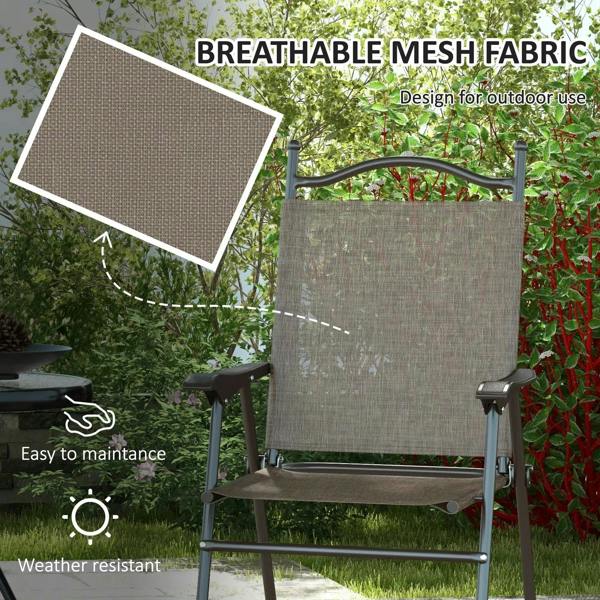 Folding garden chair with breathable fabric mesh seat and back, mixed brown frame