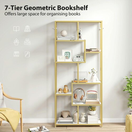 Wyld Haus Lolaha Wood And Metal White And Gold Tone 7 Tier Geometric Display Bookcase