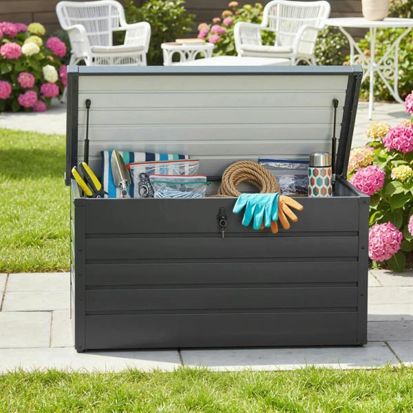 Dark grey steel garden storage box with open lid storing gardening tools