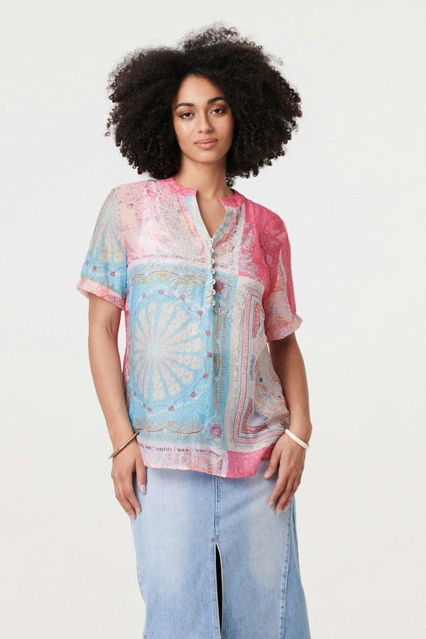 Pink | Patchwork Print Short Sleeve Blouse
