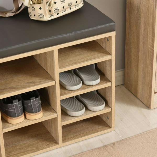 Dyzi 14 Compartment Shoe Storage Bench Removable Shelves Padded Seat Brown