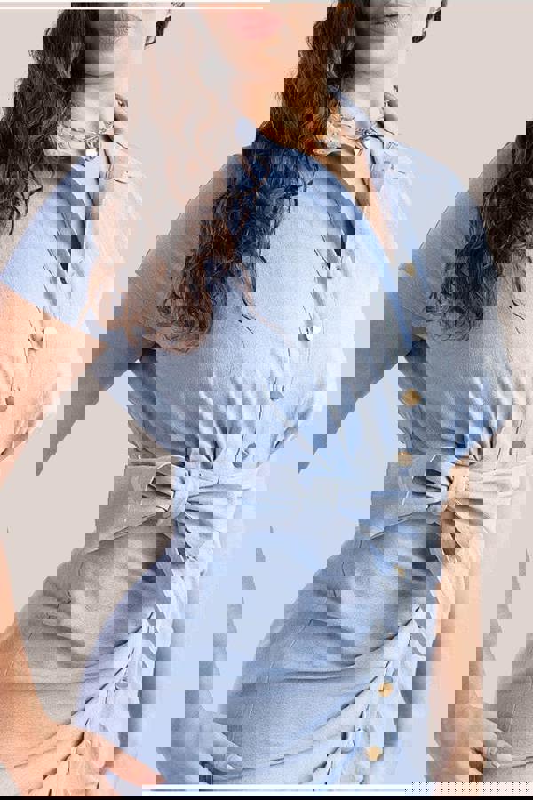 Denim Gathered Angel Sleeve Midi Shirt Dress - Sky Denim DR4116