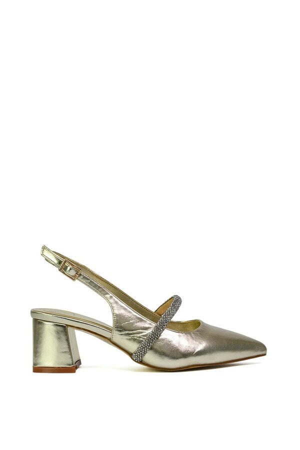 XY LONDON Slingback Strappy Pointed Toe Diamante Mid Block Heels - Gold