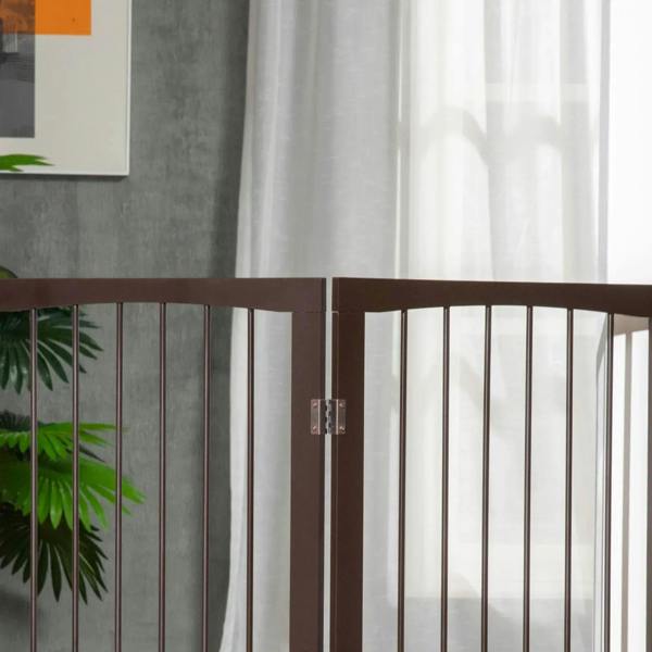 Brown 3-panel pet safety gate close-up with vertical bars and hinge hardware