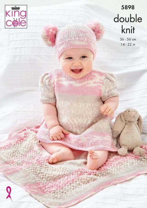 King Cole Fjord DK Knitting Pattern 5898, Dresses, Headwear, Blankets for Baby, 14 - 22 Inches