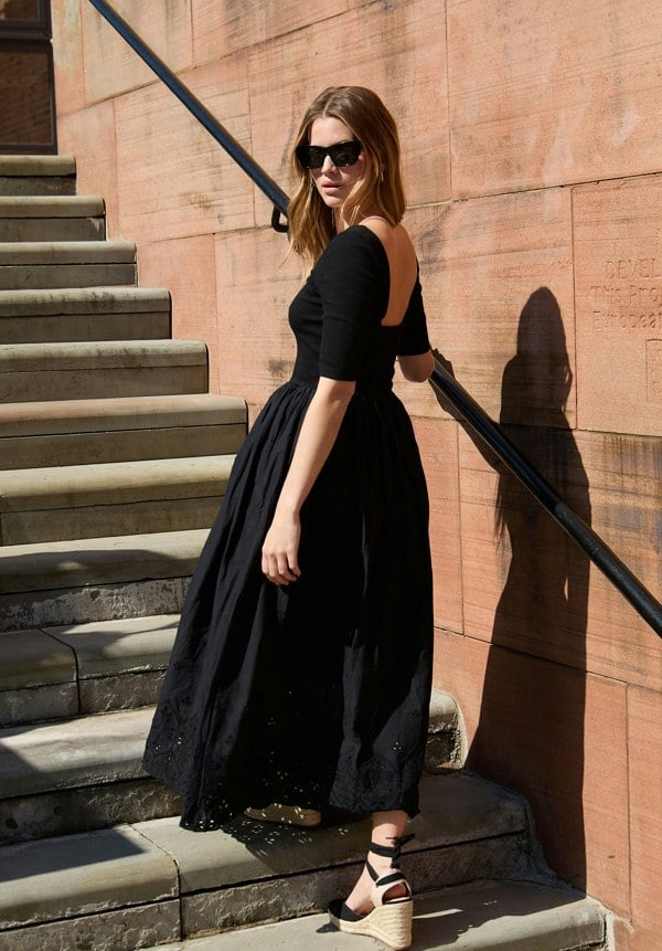 Sydney Short Sleeve Jersey Bodice Embroidered Midi Dress In Black - image 4