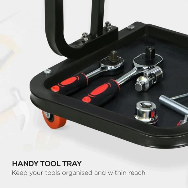 Black tool tray on rolling stool with labeled compartments and mounting bolts