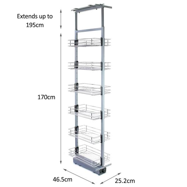 KuKoo pull-out soft close kitchen larder with six wire baskets, adjustable height from 170 to 195cm, sleek silver finish