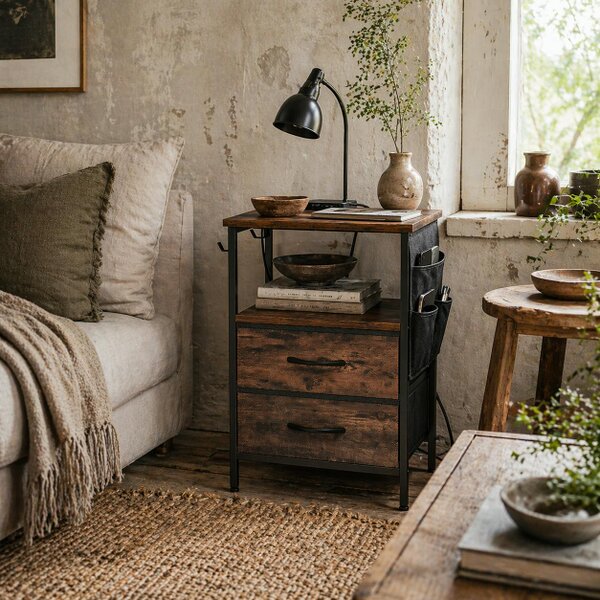 Wyld Haus Yoroma Rustic Brown Bedside Table With Built In Charging Ports 2 Drawers