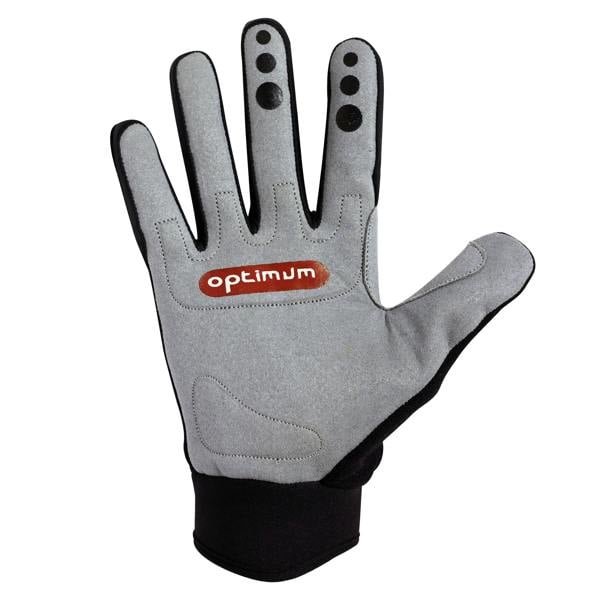 Hawkley MTB glove palm view with grey padded palm, red Optimum logo and black fingertip grips - Optimum