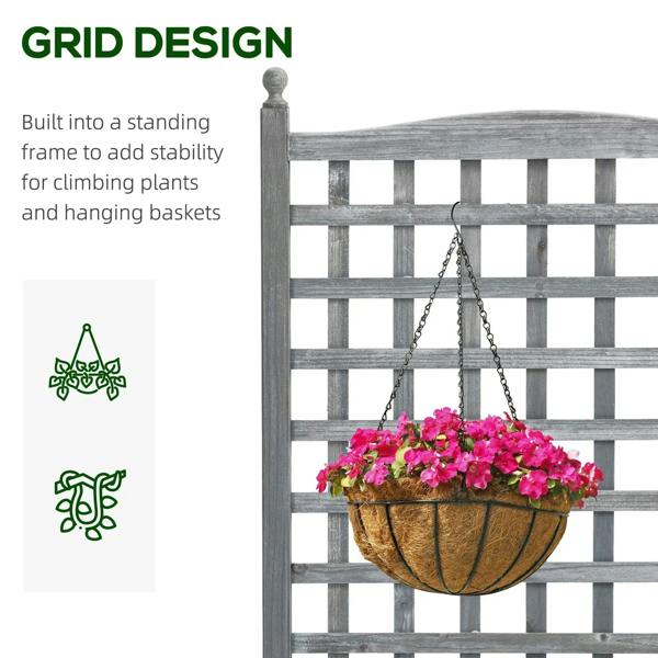 Grey hanging planter trellis with chain, shown on standing frame for climbing plants