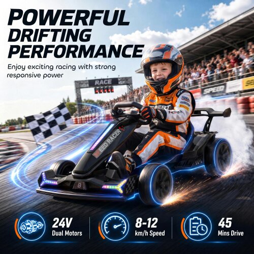AIYAPLAY 24V Electric Go Kart for Kids, Racing Kart Drift Mode Black