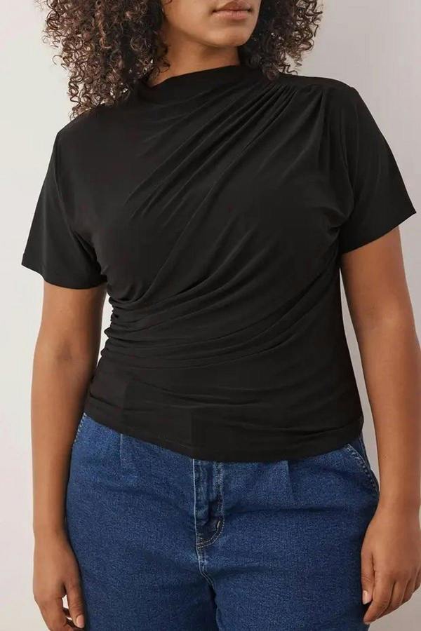 WOVCOR High Neck Gathered Knit Plus Size Blouse