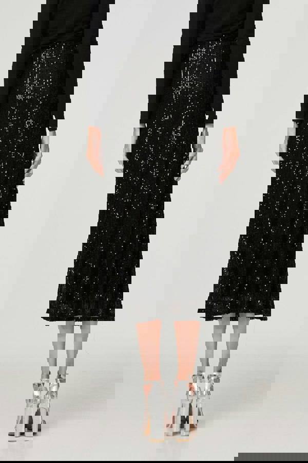 Black | Sequin High Waist Semi Sheer Midi Skirt
