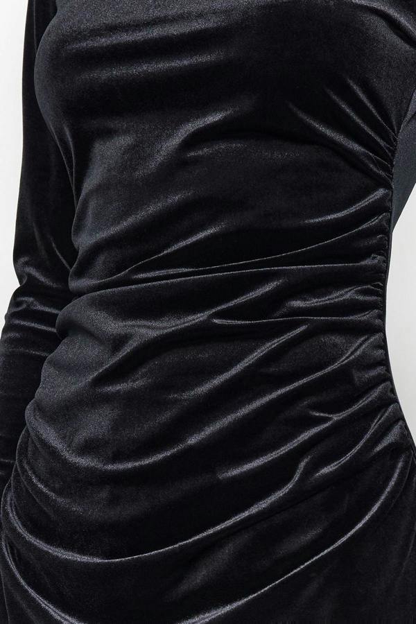 Velvet Gathered Boat Neck Long Sleeve Bodycon Maxi Dress