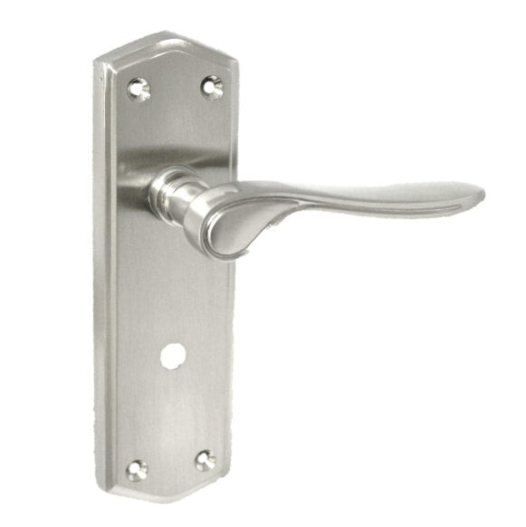 EDH Door Hardware Satin Finish Bathroom Door Handle On Shaped Backplate + Bath Lock